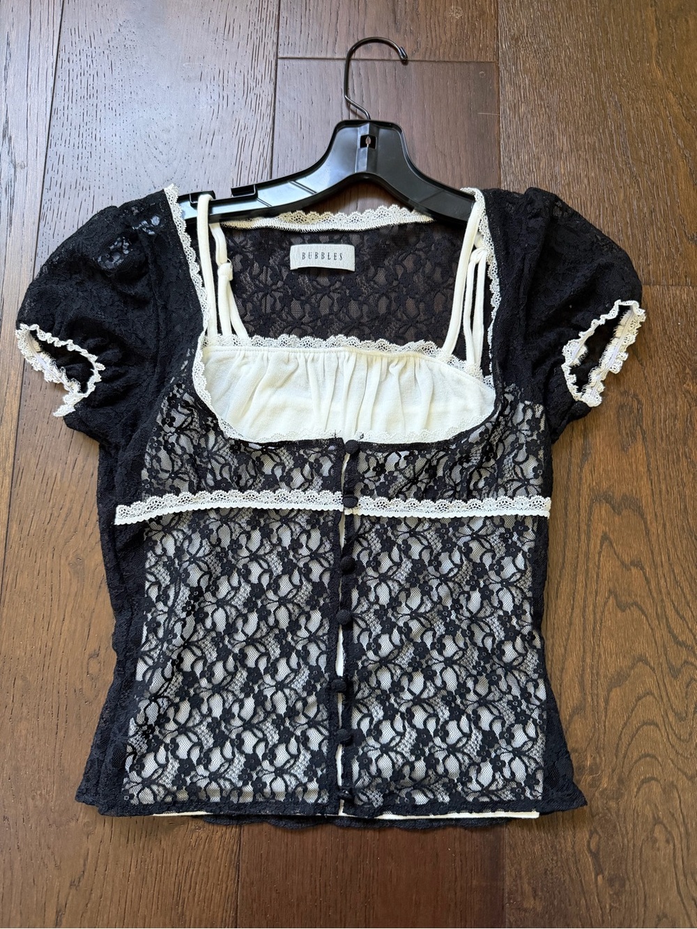 Black Lace & Cream Trim Short Sleeve Camisole